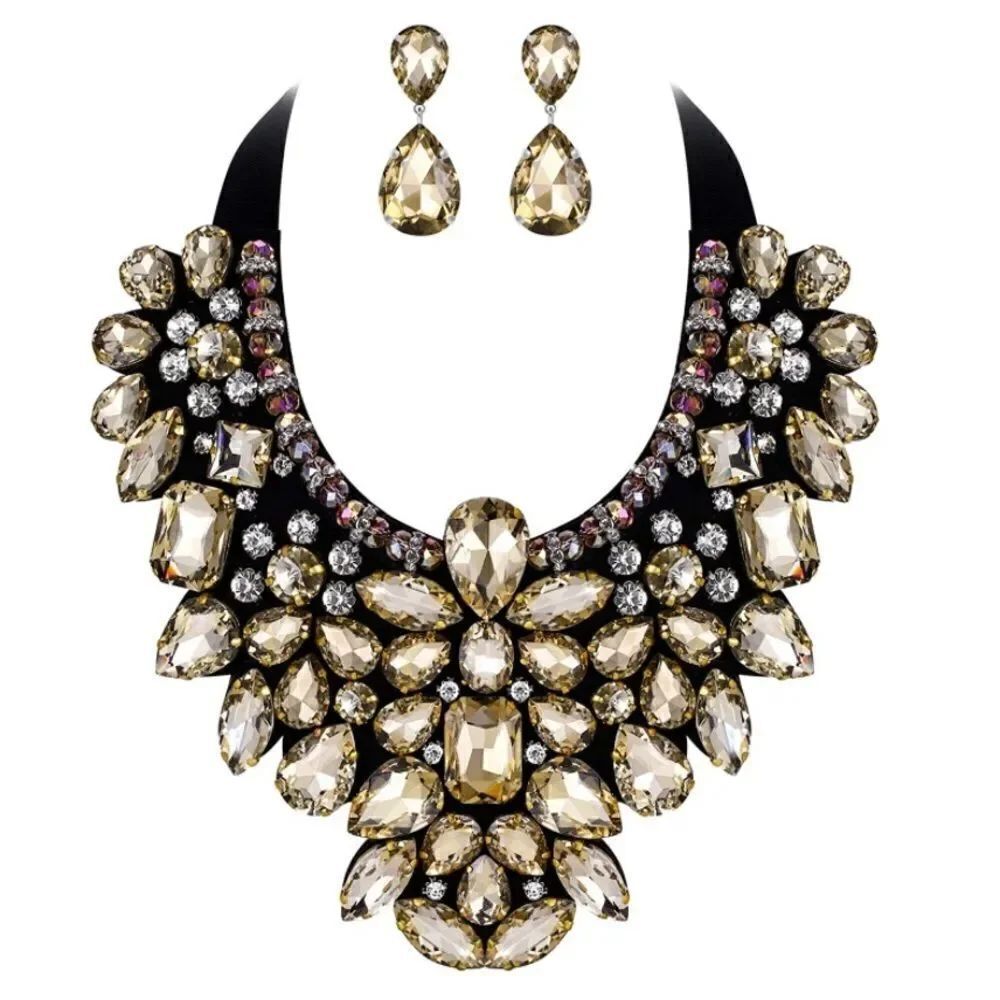 Topaz and Diamond Crystal Adjustable Ribbon Bib Necklace and Earrings Set